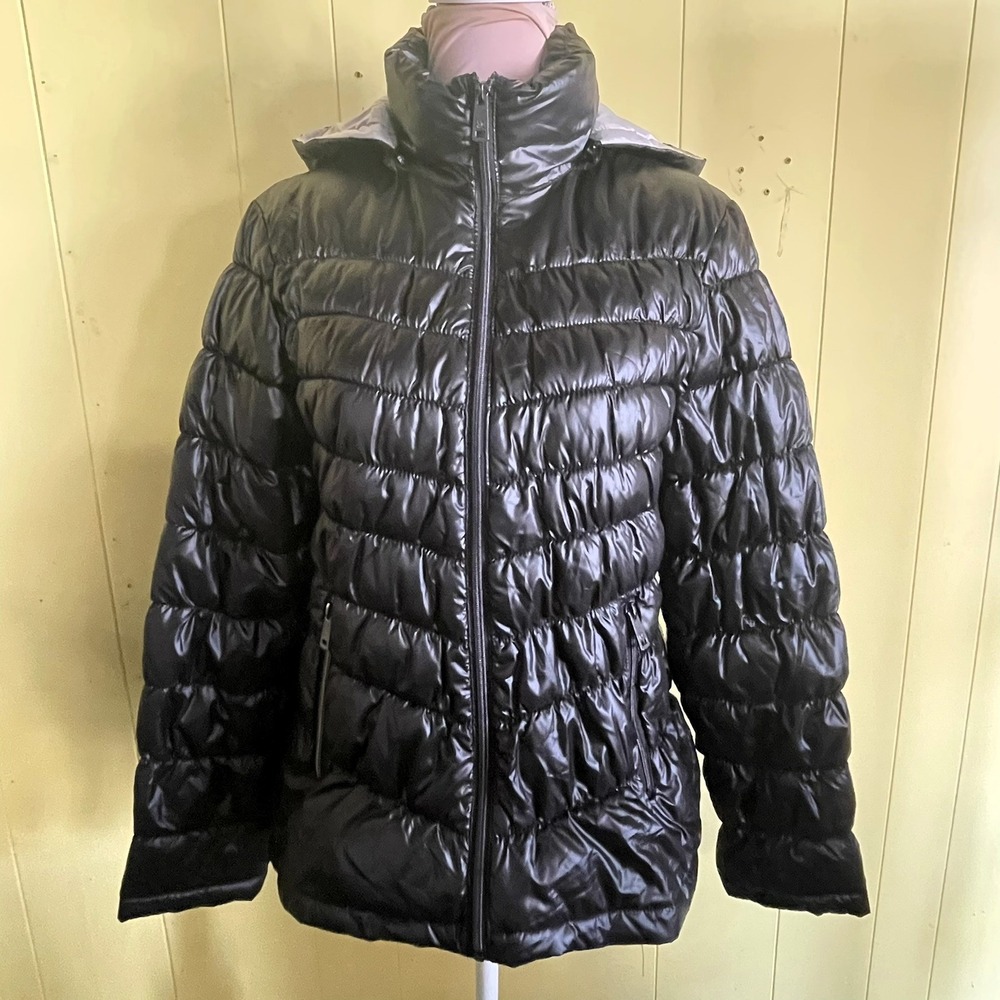 Kenneth Cole Puffer Jacket Womens Large Black Good Hooded Quilted Zip Coat